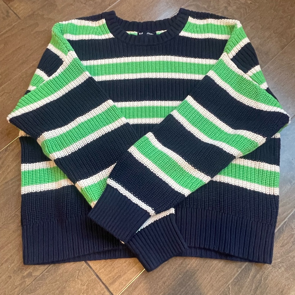 GAP Navy, Green, and White Striped Crewneck Sweater